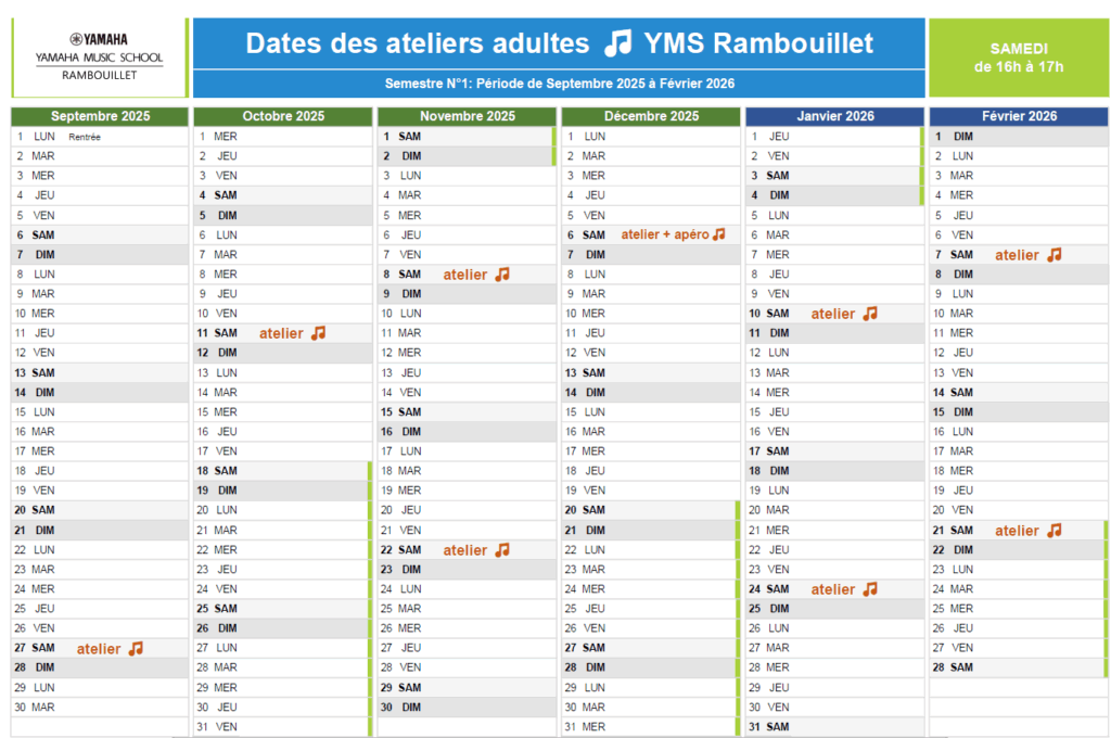 atelier musical pour les adultes : calendrier des dates 2025-26 chant piano guitare basse batterie